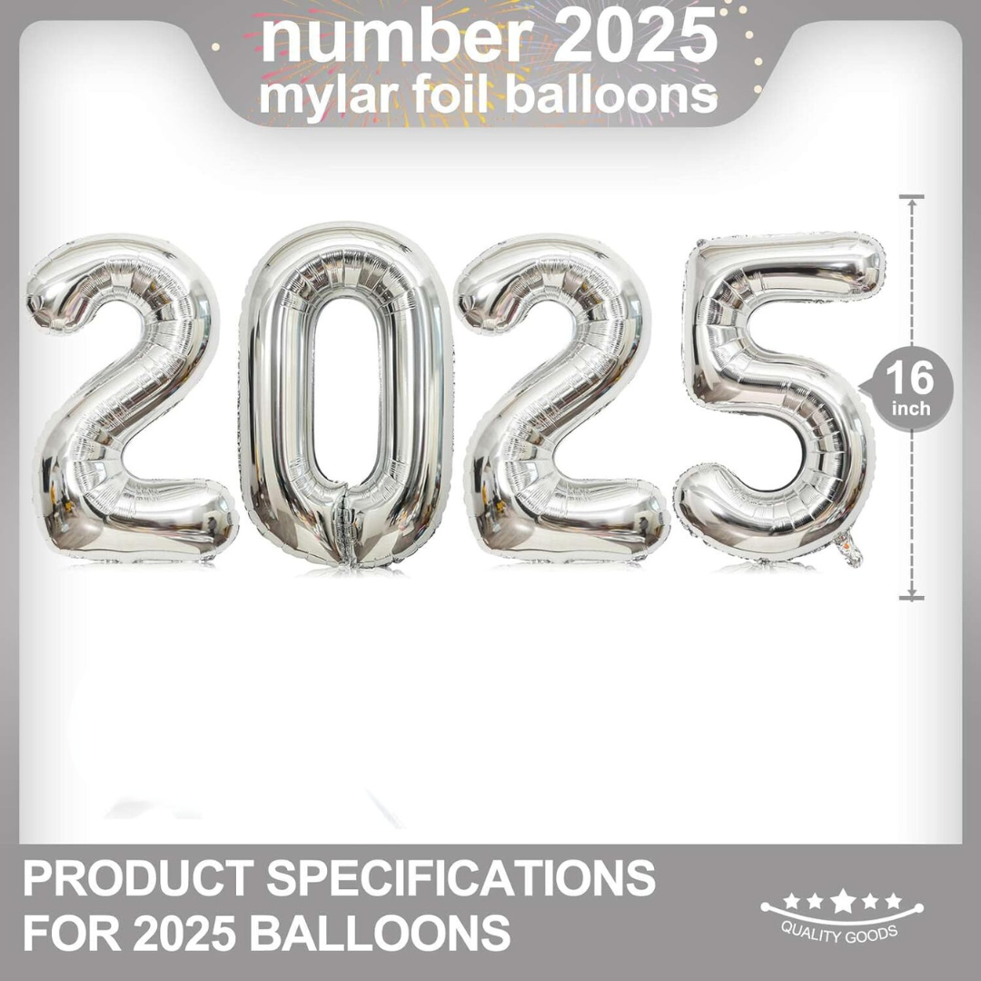Silver 16" Air Filled 2025 Foil Number Balloon Banner Set