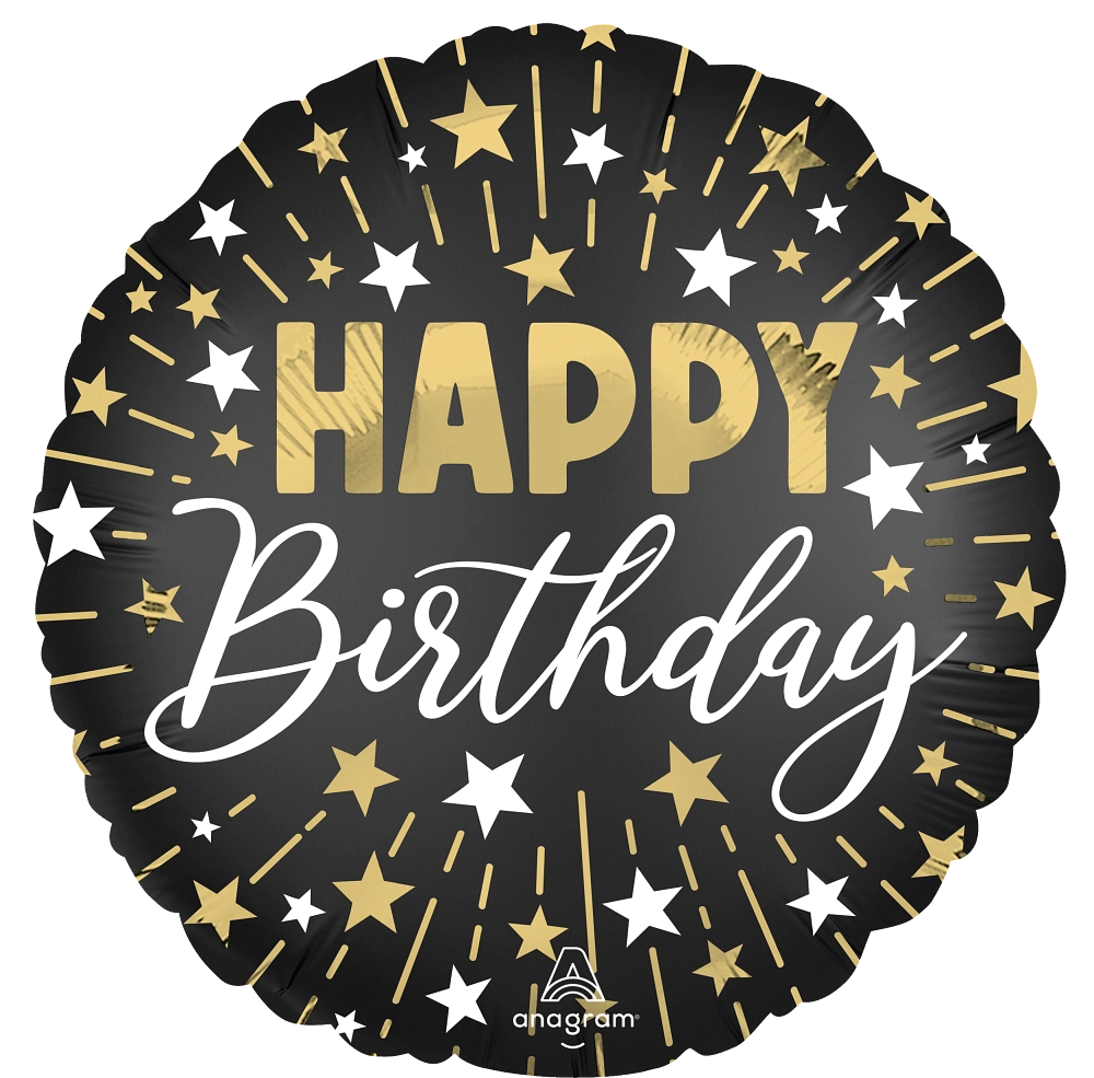 Happy Birthday - Satin Black Gold Stars