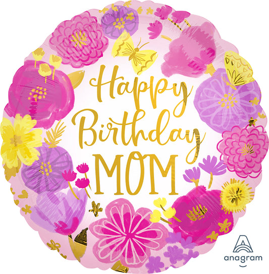 17" Happy Birthday - Mom Painted Flowers Foil Balloon