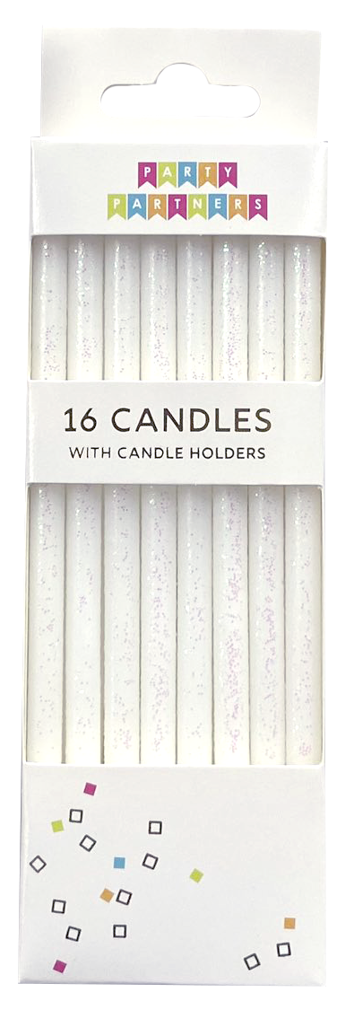 Tall White Glitter 16 Candle Set