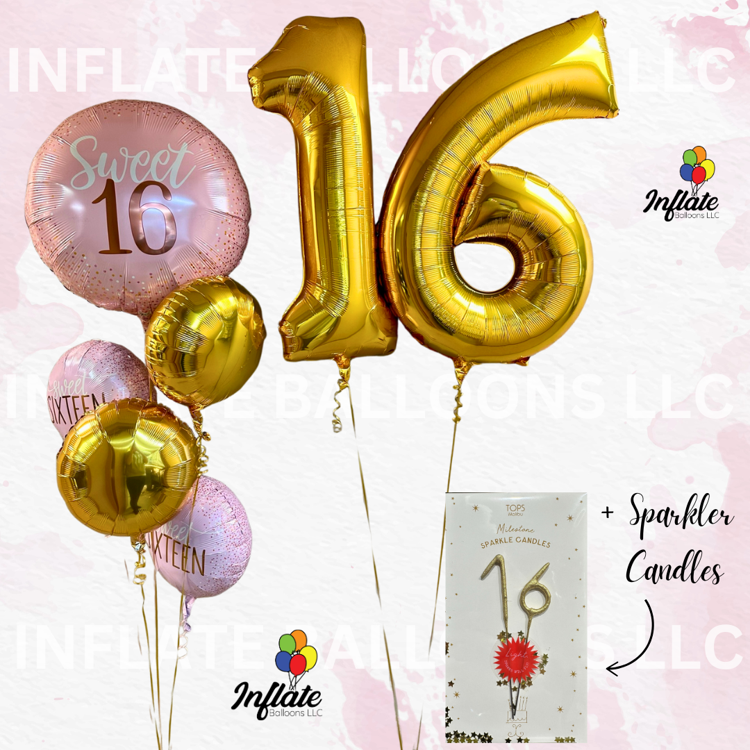 Celebration of Sixteen - Balloons + Sparkler Candles Bundle