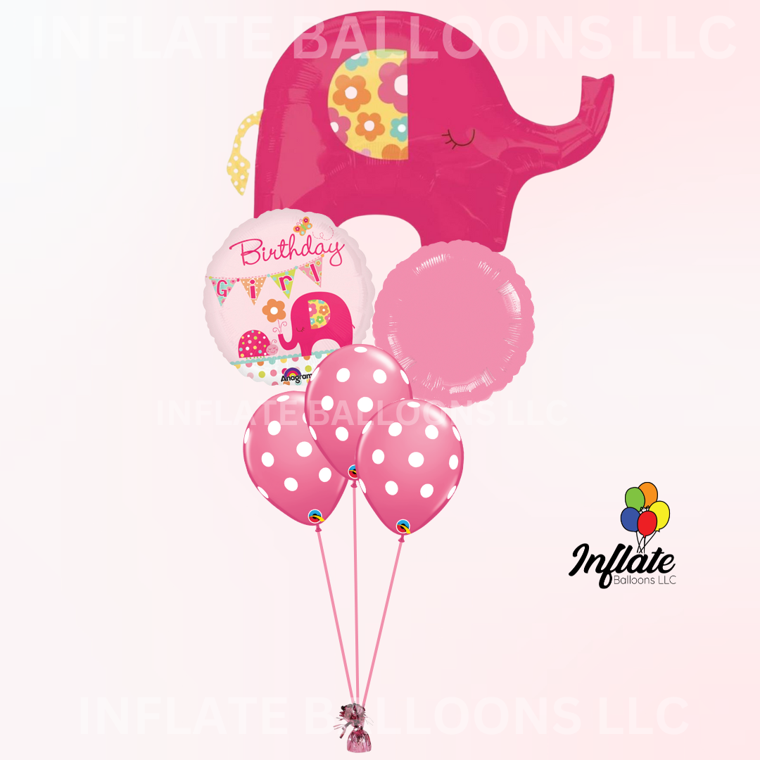 Pink Elephant Birthday Girl Balloon Bouquet Bundle