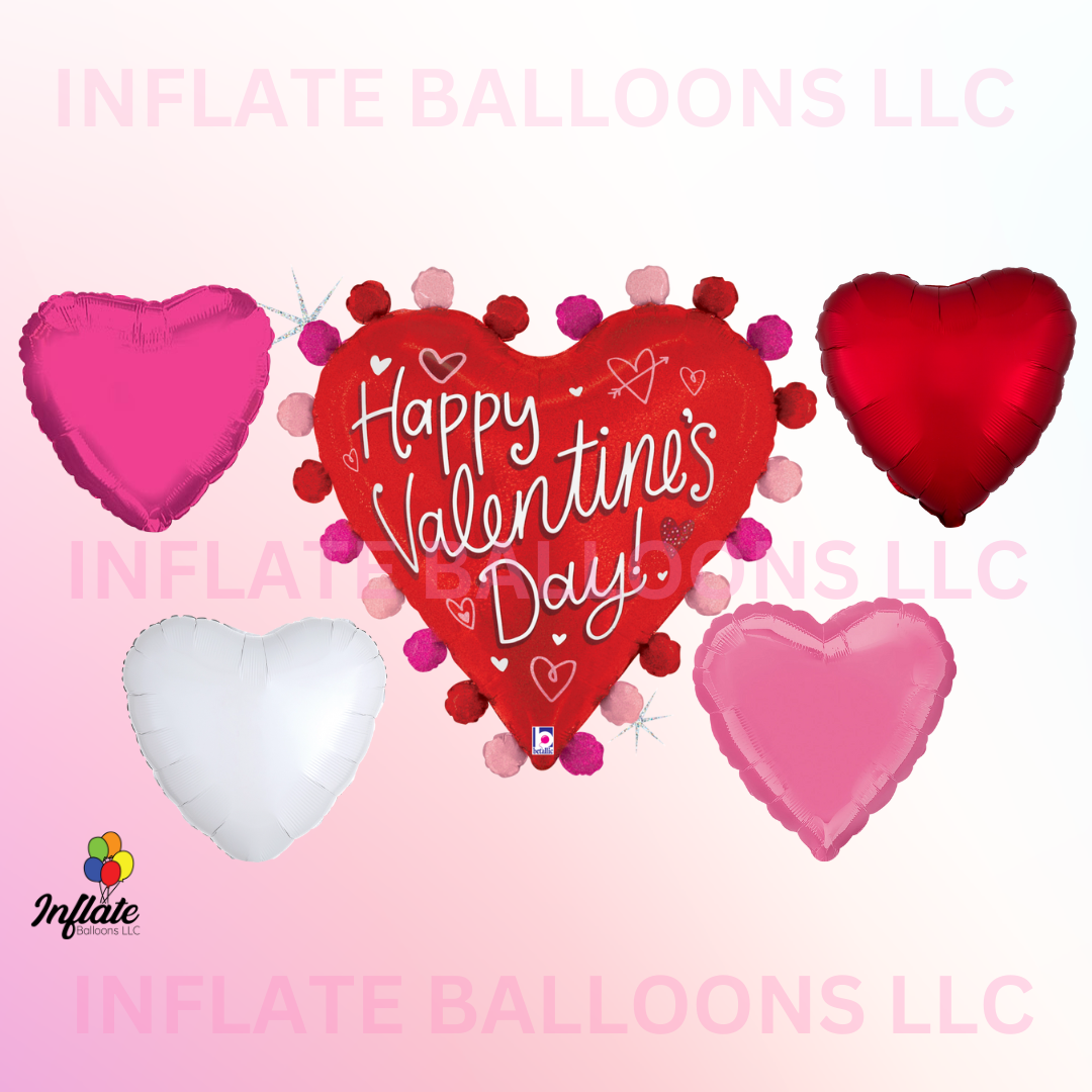 Valentine Pom Pom Heart Foil Balloon Bouquet Bundle